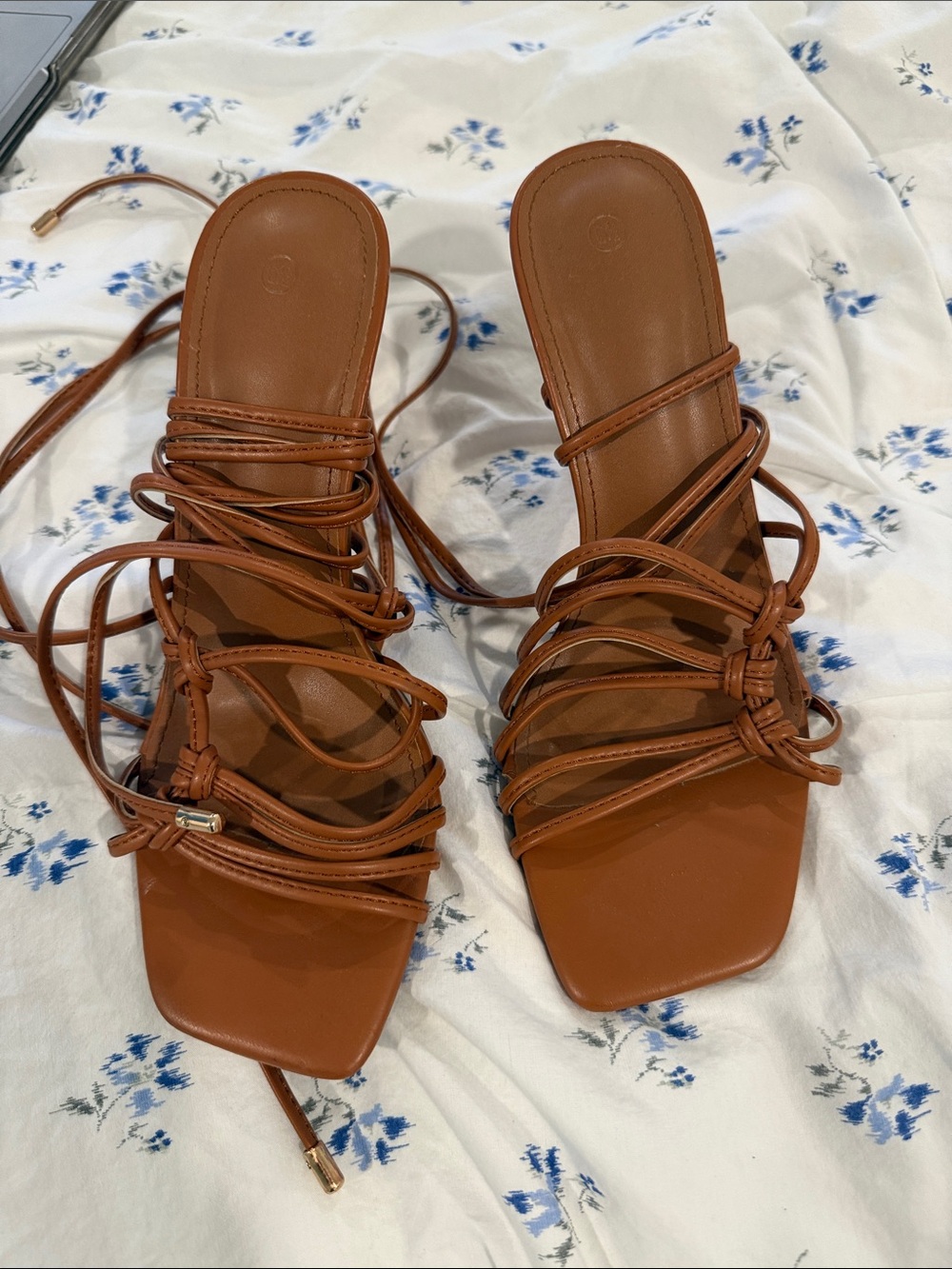 Women's Tan Lace-Up Square-Toe Sandals